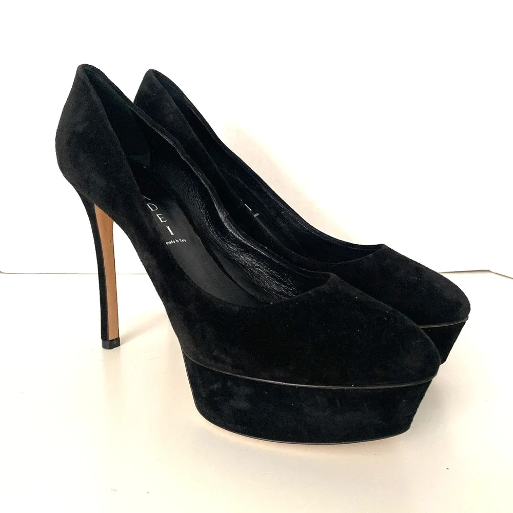 Casadei Flora Pump Black Suede Platform Almond Toe Slim Stiletto Heel 9.5 - Picture 3 of 11
